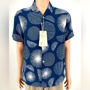 Folk Navy Short-Sleeve Button-Down Shirt with White Radial Print